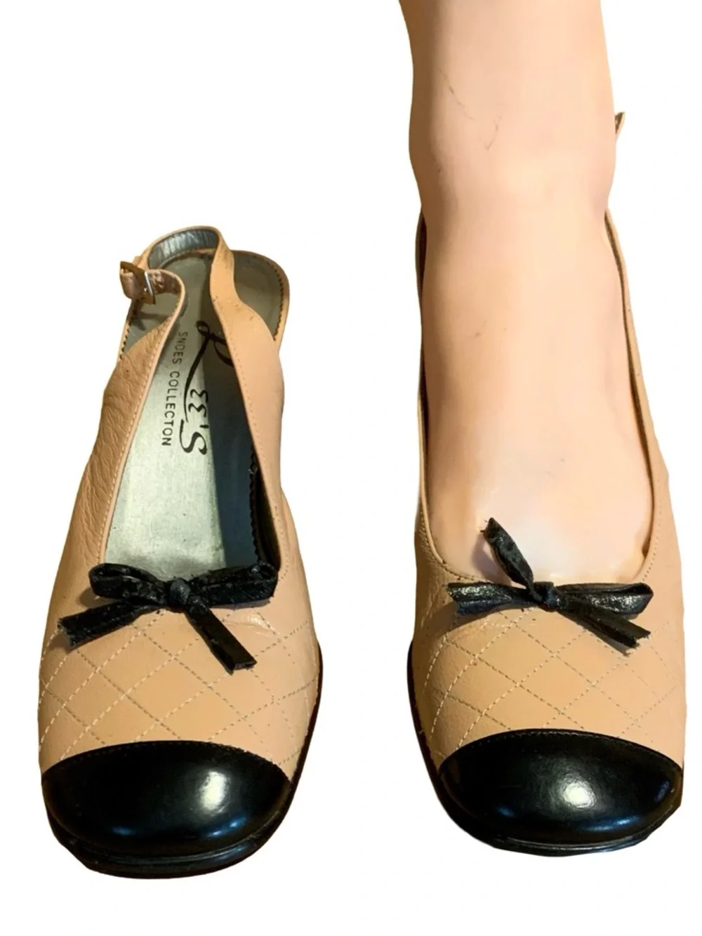 VINTAGE 1990'S LEE'S COLLECTION BLUSH & BLACK QUILTED LEATHER HEELS (6)